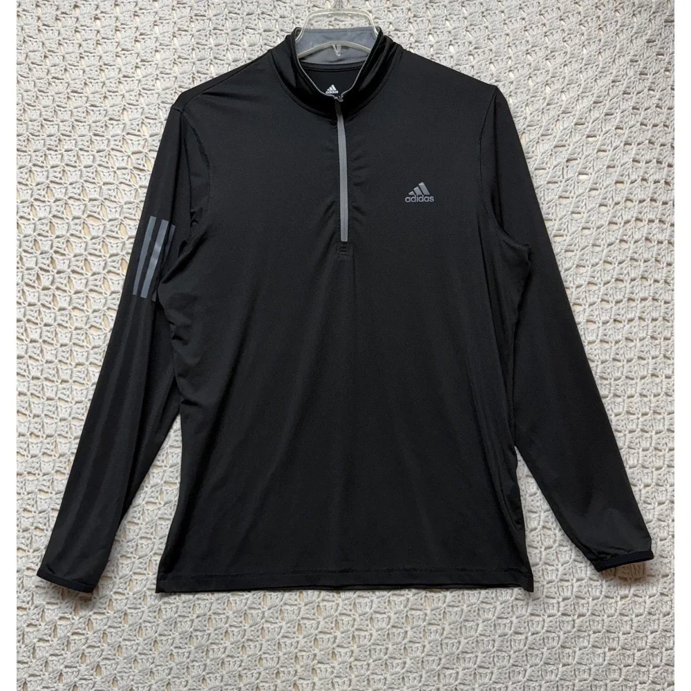 Adidas Golf Shirt Mens Sz L Black‎ Performance 1/4 Zip Stripes Long Sleeve